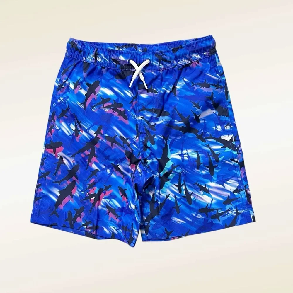 Lands' End Kids Swim Trunks Shark Print Size Small 6/7 Elastic Drawstring Waist